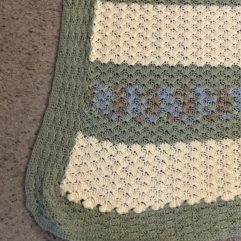 Handmade Crochet Afghan Lap/sofa Blanket 38 x 70” Green Cream Blue Brown